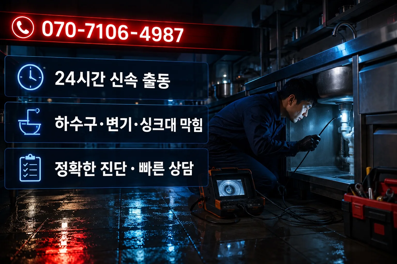 별하배관 야간 상가 싱크대 점검 서비스 안내